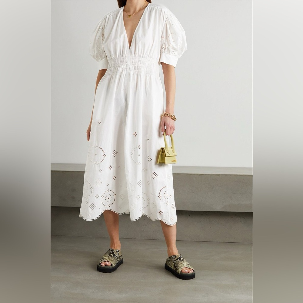 GANNI Broderie Anglaise Organic Cotton Smock Dress, Size 8/10 US